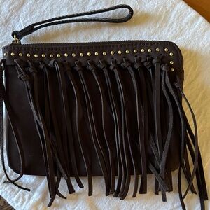 PATRICIA NASH CASSINI BROWN SUEDE FRINGE WRISTLET/CLUTCH BAG
